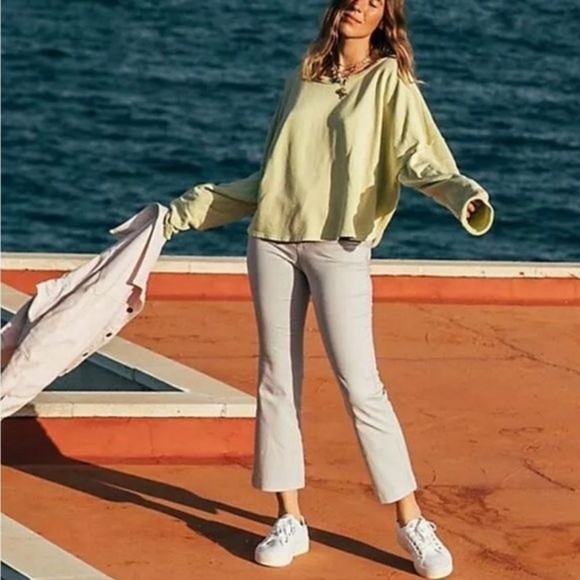 Free People Florence Crop Flare Railroad Stripe Pants Blue White Size Medium - Picture 2 of 14